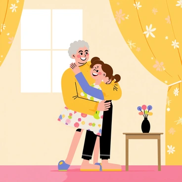 A grandmother with silver hair wearing a knitted sweater is warmly hugging her granddaughter. The granddaughter has brown hair in pigtails and is wearing a colorful dress. They are standing in a room with golden wallpaper adorned with floral patterns. A small wooden table with a vase of flowers is positioned beside them. Light filters in through a window, casting a soft glow on the scene.