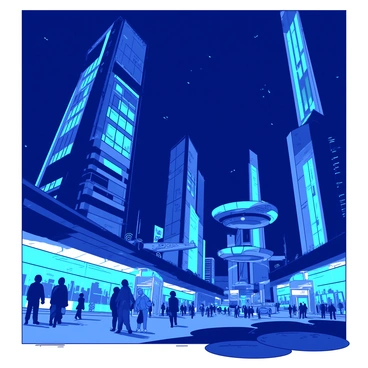 A nighttime scene presents a futuristic city with towering skyscrapers illuminated by glowing blue lights. The buildings have sleek and modern designs, with intricate shapes and bright blue neon accents. In the foreground, there is a bustling street filled with people wearing stylish, futuristic clothing. Hovering vehicles glide silently above the streets, their lights reflecting on the smooth surfaces below. The sky is dark, creating a striking contrast against the vivid blue glow of the city.