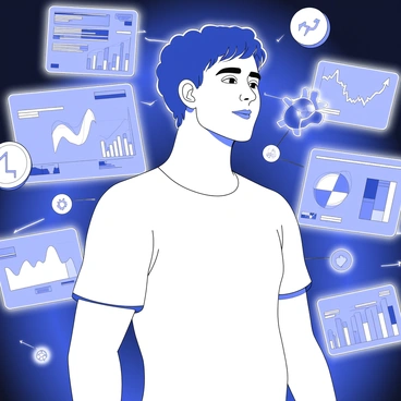 A person stands with cybernetic implants visible on their head and arms. Their eyes are focused ahead, reflecting a mixture of curiosity and contemplation. Surrounding them is a swirling mass of digital information, represented by floating holographic screens displaying various data streams, graphs, and symbols. The atmosphere is filled with the glow of this information, creating a sense of immersion and connectivity. The person's posture is relaxed yet attentive, as if they are deeply engaged in the digital world around them.