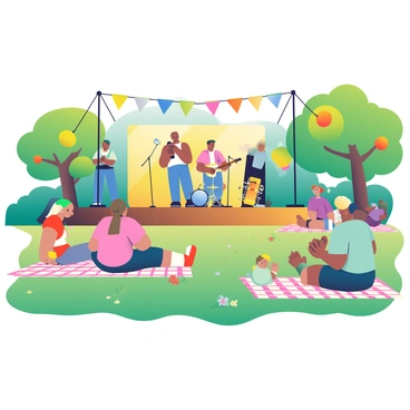 A community concert is taking place in a lush green park. There is a large wooden stage at the front, brightly decorated with colorful banners. On the stage, a band is performing, with a singer holding a microphone and musicians playing various instruments, such as a guitar and drums. In the foreground, several people are seated on checkered blankets spread out on the grass. Families and friends are enjoying the music, some clapping their hands, while others are laughing and chatting. Trees with vibrant foliage surround the area, creating a lively atmosphere filled with excitement and joy.