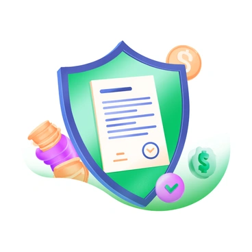A modern pastel illustration featuring a shield icon colored in shades of green and blue, symbolizing financial security. The shield is adorned with a graphic of a contract document in the center, which includes a few lines of text and a signature icon at the bottom. Surrounding the shield are various financial symbols, including a stack of coins, a dollar sign, and a check mark, all subtly integrated into the design. The background is a light and soothing pastel hue to enhance the overall theme of security and stability.