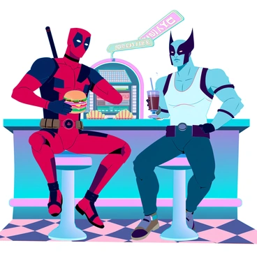 Deadpool, wearing his signature red and black suit, sits on a high stool at a classic 1950s diner counter. He has a playful expression, with one eye visible behind his mask, as he holds a large cheeseburger in one hand. Next to him, Wolverine, with his rugged appearance, sports a white tank top showing his muscular arms and a distinctive set of claws retracting from his knuckles. He has a serious yet relaxed demeanor, sipping on a chocolate milkshake with a straw. The diner features colorful retro decor, including chrome accents and checkered floors, with a jukebox softly glowing in the background. The counter is adorned with colorful plates of fries and neon signs illuminating the scene.