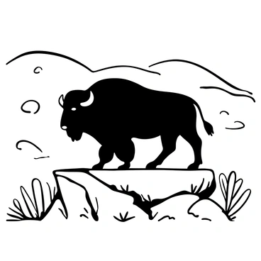 A bison standing majestically on a rocky outcrop, with its powerful body silhouetted against the vast landscape. The rocky surface beneath its hooves is rough and uneven, showcasing the natural terrain. In the background, rolling hills stretch into the distance, creating a sense of depth. Sparse vegetation clings to the rocks and the ground, illustrating the rugged environment. The bison's thick fur appears textured, emphasizing its strength and presence in the scene.
