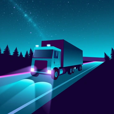 A large truck with bright headlights illuminating the dark highway. The headlights create a stark contrast against the night, casting a beam of light ahead. The highway is surrounded by dark silhouettes of trees and hills, adding to the sense of isolation. Above, a starry sky is filled with shimmering stars and a faint glow of the Milky Way, creating a vast, cosmic backdrop. The truck's wheels kick up a small cloud of dust as it moves swiftly along the empty road.