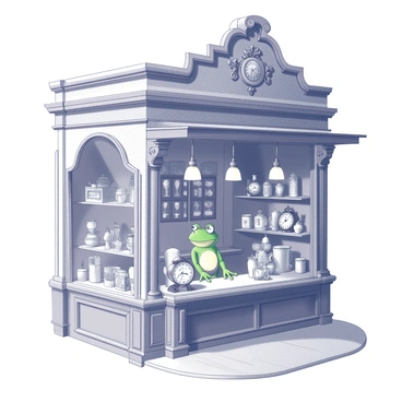 A quaint Victorian antique shop with intricate architectural details and a decorative façade. The shop window displays an assortment of curios and trinkets, showcasing items like vintage clocks, ornate vases, and delicate porcelain figurines. Inside, a green frog stands behind the counter, wearing a tiny waistcoat and spectacles, tending to the merchandise. The walls are lined with shelves filled with various antiques, each item contributing to the shop's eclectic atmosphere. A few hanging light fixtures provide illumination to the space, casting shadows on the wooden floor.