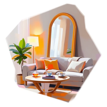 An elegant mirror with a golden frame is prominently displayed on a wall. The mirror reflects a cozy living room scene featuring a plush sofa adorned with soft cushions and a knitted throw. A wooden coffee table sits in front of the sofa, topped with a steaming cup of tea and a small stack of books. The walls are painted in warm tones, and a vibrant indoor plant is positioned in the corner, adding a touch of greenery. Soft, ambient light from a nearby lamp casts a gentle glow across the room, enhancing the inviting atmosphere.