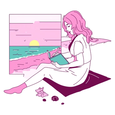 A pink-haired woman is sitting on a sandy beach with her legs crossed. She is writing in a teal travel journal that rests on her lap. The sun is setting on the horizon, painting the sky with shades of pink and orange. Gentle waves are lapping at the shore nearby, and a few seashells are scattered around her. The woman is wearing a light, flowing beach cover-up, and there is a colorful beach towel spread out behind her. A soft breeze is slightly tousling her hair as she focuses on her writing.