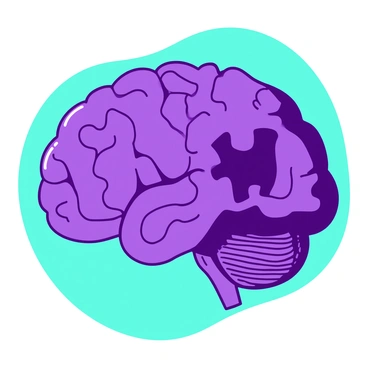 A purple abstract puzzle with various pieces interlocking to form the shape of a human brain. Each puzzle piece is uniquely shaped, showcasing intricate patterns and textures. The background is a solid teal color, providing a stark contrast to the complexity of the brain structure. The brain appears to be in the center of the image, with some pieces slightly raised, giving a three-dimensional effect.