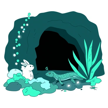 A dark cave entrance looms ahead, framed by vibrant glowing plants in hues of teal and white. The plants emit a soft light, illuminating the rocky surroundings. In the foreground, a few curious animals peek out from behind the foliage. There is a small white rabbit with bright eyes, a teal lizard with intricate patterns, and a pair of glowing insects hovering nearby. The atmosphere is lively with a sense of wonder, as the animals observe the cave entrance with intrigue.
