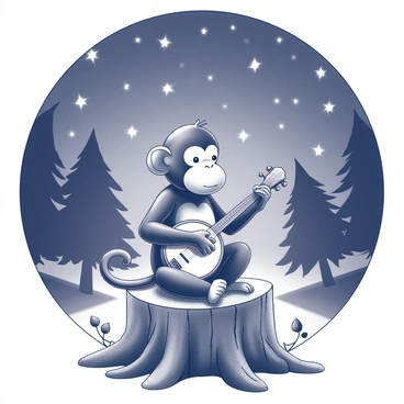 A monkey sitting on a tree stump. The monkey is holding a tiny banjo, strumming its strings with a focused expression. The tree stump is textured and rugged, showing signs of age. Above, a starry night sky is filled with numerous stars, each twinkling brightly against the darkness. The surrounding trees are silhouetted, creating a natural frame around the scene. The ground is covered with leaves and small twigs, enhancing the woodland atmosphere.