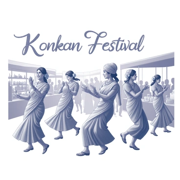 A lively festival scene in the Konkan region, featuring a group of people dancing joyfully. The dancers wear traditional attire, including intricately patterned sarees and dhotis. Men wear turbans, while women adorn their hair with flowers. The background is bustling with festive decorations, and stalls filled with various traditional items. The atmosphere is filled with energy as people engage in the dance, showcasing their cultural heritage. "Konkan Festival" is written prominently in an elegant font, capturing the essence of the celebration.
