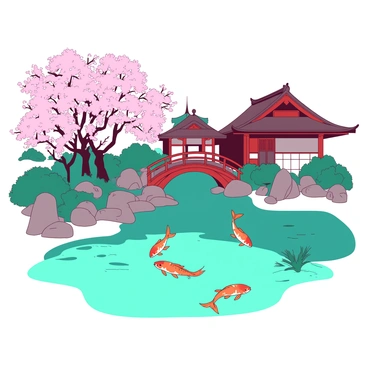 A teal Japanese garden features a serene koi pond in the center, with several orange koi fish swimming gracefully beneath the surface. Surrounding the pond are smooth stones and lush green grass. Above, delicate branches of blooming cherry blossoms create a soft pink canopy, their petals gently falling onto the water's surface. In the background, there are traditional wooden structures and a small red bridge arching over the pond, completing the tranquil scene.
