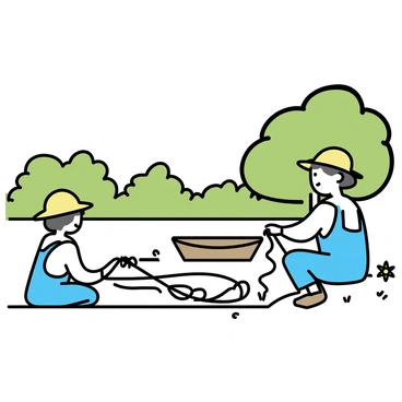 Two fishermen, wearing blue overalls and straw hats, are sitting on the riverbank. They are focused on repairing their nets, with strands of netting spread out in front of them. The river is calm and reflects the clear sky, while small wooden boats gently bob in the water nearby. Lush green trees line the riverbank, providing a natural backdrop, and a few delicate wildflowers can be seen scattered around.