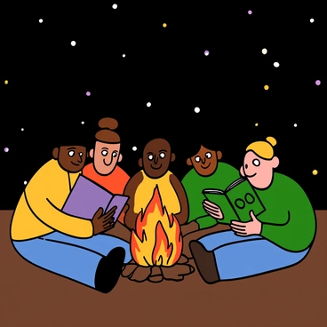 A group of five friends sitting around a glowing campfire at night. The friends include three light-skinned individuals, one dark-skinned individual, and one person with medium skin. They are wearing casual outdoor clothing suitable for a cool evening. The flames of the campfire are dancing brightly, casting warm light on their faces. One friend is holding an open gothic book, while the others lean in closely, listening intently as they share chilling tales. In the background, the night sky is filled with twinkling stars, adding to the enchanting atmosphere of the scene.