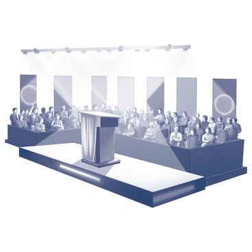 A stage set up for a literature award ceremony with a podium and audience