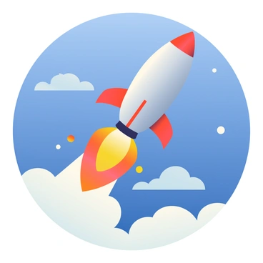 A sleek, silver rocket is ascending into the deep blue sky, its body gleaming in the sunlight. The rocket's engines are firing, producing a vibrant, fiery trail of orange and yellow flames that shoot out behind it, contrasting sharply with the sky. Wisps of smoke are dispersing from the fiery trail, creating a dynamic effect. The rocket is positioned diagonally in the frame, emphasizing its rapid ascent into space, while a few scattered clouds linger in the background.