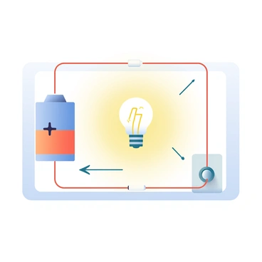 An illustration depicts a simple electrical circuit. A battery with positive and negative terminals is shown on the left side. Thick, copper wires connect the battery to a small light bulb in the center, which is glowing brightly. The circuit continues with a switch placed near the battery, represented in the open position. The background is filled with a soft gradient transitioning from light blue at the top to white at the bottom, enhancing the focus on the circuit elements. There are arrows indicating the flow of electricity, starting from the battery, through the wires, and illuminating the light bulb.
