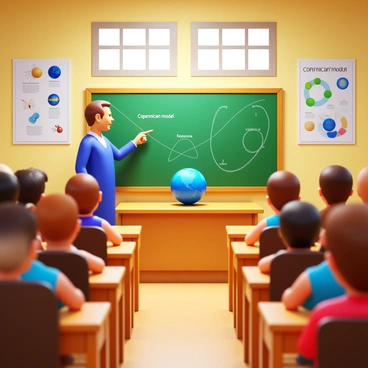 A classroom setting with a teacher standing in front of a chalkboard. The teacher is pointing towards illustrations that depict the "Copernican model." A globe is placed on the desk next to the teacher. The classroom is filled with rows of desks occupied by attentive students. The walls are adorned with educational posters and diagrams related to astronomy. Natural light streams through the windows, illuminating the scene.