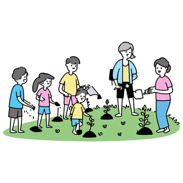 A group of people, including children, adults, and seniors, are planting small trees in a vibrant green space. The children, wearing colorful t-shirts and shorts, are digging holes in the soil with small shovels. The adults, dressed in casual attire, are holding young saplings, carefully placing them into the holes. Nearby, a senior citizen with gray hair is guiding a child on how to water the newly planted trees using a watering can. The scene is filled with lush grass and various flower beds surrounding the area, adding to the sense of community and teamwork.