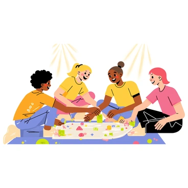 A group of four children sitting on a colorful playground mat, fully engaged in playing a board game. The mat has vibrant patterns featuring shapes like stars, circles, and animals. The children are diverse in appearance; one has curly black hair, another has straight blonde hair, a third has brown hair tied in a ponytail, and the fourth has red hair. They are smiling and laughing as they roll a dice that is bright green. The board game laid out in front of them features colorful pieces and a bright game board with playful illustrations. Sunlight filters down, creating a warm atmosphere around them.
