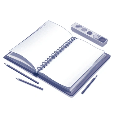 An open notebook resting on a flat surface, displaying a completely blank page. The notebook has a simple, classic design with a spiral binding. Surrounding the notebook are various art supplies, including a set of colored pencils, a few paintbrushes, and a watercolor palette. The art supplies are arranged casually around the notebook, suggesting a creative workspace.