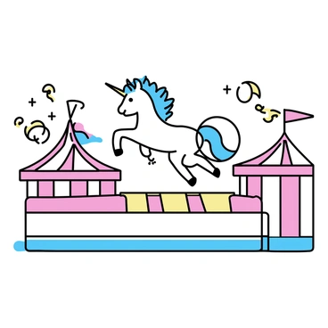 A unicorn with a shiny white coat and a flowing iridescent mane is leaping gracefully through a large colorful hoop. The hoop is decorated with vibrant patterns of red, blue, and yellow stripes. The unicorn is positioned in the center of a circus ring, surrounded by a red and white striped tent. There are bright spotlights shining down, illuminating the unicorn as it performs the trick. In the background, colorful banners and flags flutter in the air, adding to the festive atmosphere.