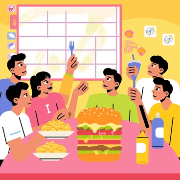 A lively college sports bar filled with students engaged in a food challenge. A group of four students sit at a wooden table, focused on a giant burger placed in the center. The burger is stacked high with layers of lettuce, tomato, bacon, and melted cheese, all held together by a sesame seed bun. Each student shows a determined expression, with one holding a fork and knife, while another holds a stack of fries on a plate beside them. Colorful sports memorabilia decorates the walls, and a television in the background displays a game. Brightly colored drinks sit next to the students, adding to the energetic atmosphere.