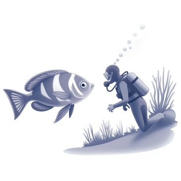 A curious angelfish with distinct fin shapes and markings is swimming through the ocean. It approaches a scuba diver who is submerged underwater. The diver, equipped with a wetsuit and a diving mask, is hovering near a coral reef. The angelfish is eyeing the diver closely, showcasing its vibrant patterns. Bubbles are rising from the diver's breathing apparatus, creating a tranquil atmosphere. The background features various coral formations and aquatic plants swaying gently with the current.