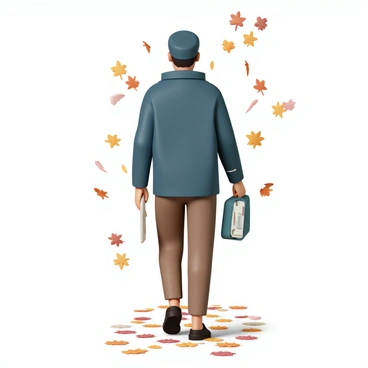 A postman, wearing a warm navy blue jacket, brown trousers, and a matching cap, is holding a stack of letters in one hand while reaching into a mailbag with the other. His jacket is buttoned up against the crisp autumn air. Surrounding him are various colorful leaves in shades of orange, yellow, and red, swirling gently in a light breeze. The ground is covered with fallen leaves, creating a vibrant carpet beneath his feet as he walks down a tree-lined path.