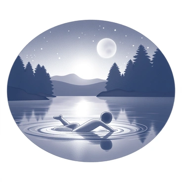 A person swimming in a calm lake at night. The individual is depicted mid-stroke, with arms extended and legs kicking in the water. The surface of the lake shows gentle ripples radiating outward from their movements. The moonlight reflects on the water, illuminating the scene with a serene glow. Surrounding the lake are silhouettes of trees, creating a tranquil atmosphere. The sky above is clear with visible stars scattered throughout.