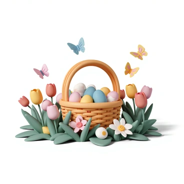 An Easter basket surrounded by blooming tulips and butterflies in a garden setting