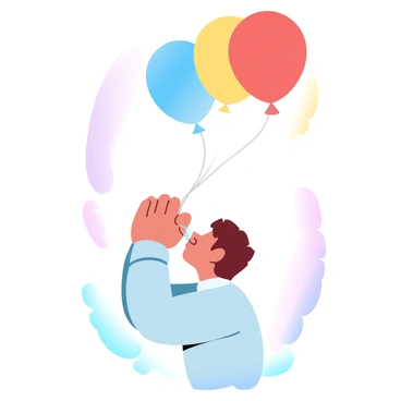 A child with short hair is holding onto a colorful balloon with both hands. The child is sneezing, and the balloon is beginning to slip from their grasp. The vibrant balloon is depicted in bright colors, such as red, blue, and yellow. The background is filled with soft gradient pastel colors that create a playful atmosphere. The child is wearing a light sweater, and their body is slightly leaning backward as the balloon starts to float away into the air above them.