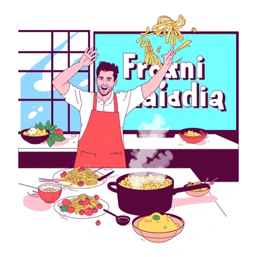 A vibrant cooking show set features a host with a big smile, energetically tossing fresh pasta in the air. The host is wearing a bright red apron, and there are bowls of colorful ingredients such as tomatoes, basil, and cheese spread across the counter. Behind the host, there are large windows allowing natural light to flood the space, and a bright blue backdrop displaying the show's name in large, playful letters. Various pasta dishes are artfully arranged on the table, with steam rising from a large pot in the foreground. The atmosphere is filled with excitement and movement as the host enthusiastically gestures while explaining the cooking process.