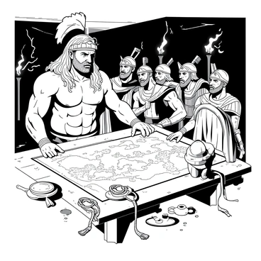 A group of robust Greek warriors, featuring a prominent figure with a muscular build and long hair, gather around a large, detailed map placed on a wooden table. The central figure, resembling "Achilles," gestures animatedly as he discusses battle strategies, his expression intense and focused. Surrounding him are various Argonauts, each displaying distinct armor and weaponry, engaged in the conversation. The room is dimly lit, with flickering torches casting shadows on the walls, creating a dramatic atmosphere. Various nautical elements, such as ropes and navigational tools, lie scattered around the table, enhancing the sense of adventure and strategy.
