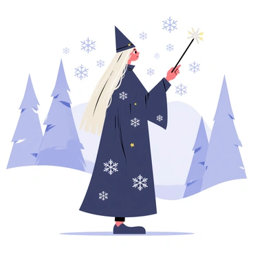 A winter witch standing in a snowy landscape. The witch has long flowing white hair and is wearing a dark blue cloak adorned with stars. She is holding a sparkling wand with her right hand raised towards the sky, casting a spell. Snowflakes are gently swirling around her, some large and intricate, while others are tiny and delicate. In the background, there are fluffy snow-covered trees and a soft blanket of snow covering the ground. The sky is a pale blue with hints of twilight.