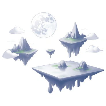 A vast landscape features several floating islands suspended in the air. Each island has unique shapes and sizes, with jagged edges and lush greenery covering their surfaces. A large, luminous moon dominates the sky, casting a soft glow over the scene. Below the islands, a calm body of water reflects the moonlight and the silhouettes of the islands. Wispy clouds drift lazily around the floating formations, adding to the dreamlike atmosphere of the landscape.