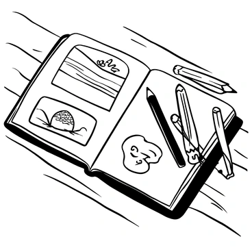 An open sketchbook with various illustrations displayed across its pages. The illustrations feature intricate designs, landscapes, and abstract patterns. A set of pencils, arranged neatly beside the sketchbook, shows different sizes and shapes. Some pencils have sharpened tips while others are unsharpened. The sketchbook lies on a wooden table surface, with shadows cast from the pencils and the book itself, emphasizing the textures of the paper and wood.