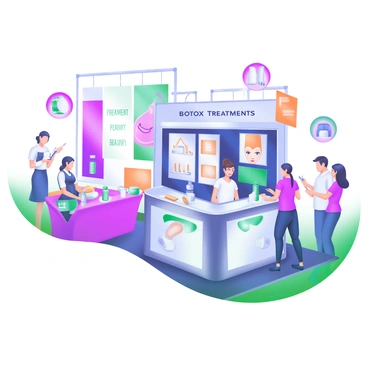 A vibrant scene at a cosmetic fair filled with people interacting and exploring various booths. In the foreground, there is a booth prominently displaying "Botox Treatments" in elegant, bold letters. The booth is adorned with sleek, modern designs and features a friendly consultant discussing services with an interested attendee. Surrounding the booth, there are colorful banners advertising different beauty treatments, along with tables displaying various cosmetic products and promotional material. Attendees are engaged in conversations, examining products, and taking notes, all contributing to the lively atmosphere of the fair.