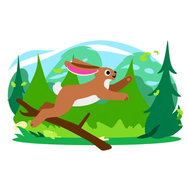 A fast-moving hare with long ears and a sleek body is sprinting through a lush green forest. The hare's fur is a mix of brown and white, blending with the dappled sunlight filtering through the leaves above. Surrounding the hare are vibrant green ferns and tall trees, creating a sense of depth and movement in the scene. Dust and small pebbles scatter behind the hare's powerful legs as it leaps over a fallen branch, showcasing its agility and speed. The background features a blur of greenery, emphasizing the dynamic motion of the chase.
