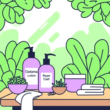 A variety of organic skincare products are arranged on a wooden table in a garden setting. The table is surrounded by lush greenery, including various plants and leaves that create a natural atmosphere. On the table, there are bottles of lotion and cream, all labeled clearly. A small bowl filled with herbs sits next to them. Additionally, a bamboo brush and a white towel are placed neatly on the side. Sunlight filters through the leaves, casting gentle shadows on the table.