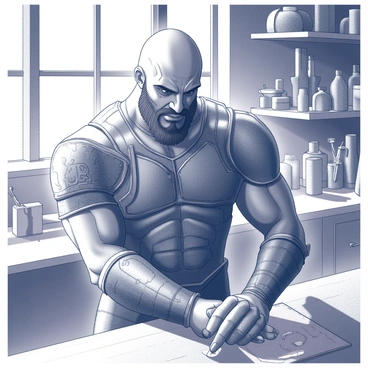 A muscular figure, Kratos, is depicted polishing his armor in a workshop setting. He is focused and dedicated, using a cloth to shine the metallic surface of his armor. The armor is intricately designed with various engravings and plates, catching the light as he works. Sunlight streams through the windows of the workshop, illuminating the scene and casting soft shadows on the wooden workbench filled with tools. The background features shelves lined with various weapons and armor-making materials, adding to the ambiance of craftsmanship and skill.