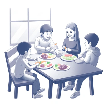 A small table is set with a variety of healthy snacks, including sliced fruits and vegetables arranged attractively on colorful plates. A group of children, of diverse ethnic backgrounds, are gathered around the table, smiling and engaging with one another. One child is reaching for a slice of apple, while another is holding a carrot stick. The atmosphere is lively, with some children chatting and others focused on their snacks. Bright sunlight filters through a nearby window, casting soft shadows on the table.
