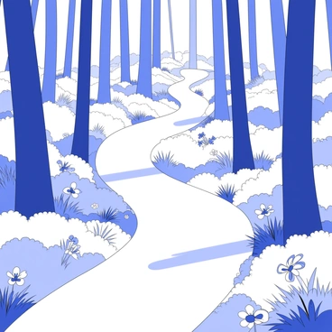 A sharp illustration of a winding nature path surrounded by tall trees and colorful wildflowers.