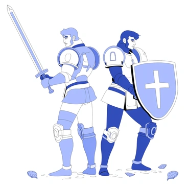 Two champions are standing back to back, ready for battle. One champion wields a sword, which glints in the light, while the other holds a large shield, positioned firmly in front of them. Both figures are clad in intricately designed armor, showcasing various patterns and textures. Their expressions are determined and focused, revealing their readiness for the upcoming conflict. The ground beneath them is scattered with fallen leaves and debris, indicating an earlier clash. In the background, faint outlines of a distant battlefield can be discerned, adding to the atmosphere of impending combat.