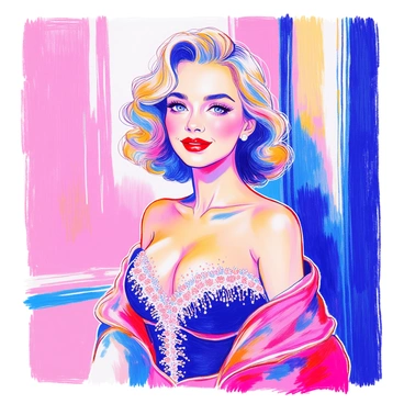 An iconic actress is posing elegantly in a glamorous black-and-white portrait. She has wavy, shoulder-length hair that frames her face impeccably. Her makeup is striking, featuring bold red lips and perfectly arched eyebrows. She is wearing a sophisticated gown that highlights her figure, adorned with delicate sequins that catch the light. The background is softly blurred, drawing attention to her expressive eyes and confident smile. Subtle shadows accentuate her cheekbones, adding depth to the image.