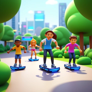 A group of teens riding hoverboards in a park. The hoverboards have sleek designs with glowing LED lights. The park is filled with vibrant greenery, featuring various trees and shrubbery. In the background, there are advanced technology elements, such as interactive digital screens and futuristic structures. The teens are dressed in casual, modern clothing, showcasing a sense of energy and excitement as they maneuver their hoverboards. Sunlight filters through the trees, casting playful shadows on the ground.