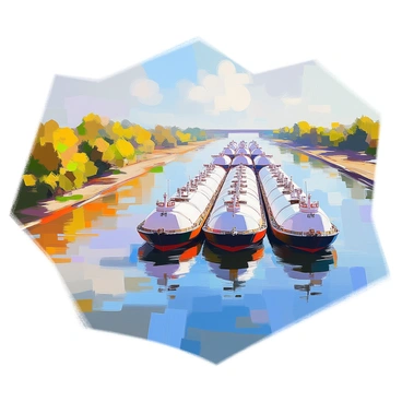An aerial view capturing a fleet of tank barges lined up along a wide river. The barges are varying in size, showcasing different shades of colors from dark to light, with some featuring company logos. The river flows beneath them, reflecting the blue sky above. Surrounding the river are patches of green vegetation and trees, providing a natural border to the scene. The sunlight casts gentle shadows across the water's surface, creating a dynamic visual contrast with the stationary barges.