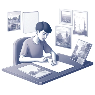 A student sits at a wooden desk, sketching intently on a large sheet of paper. Surrounding the student are various travel guides and photographs that showcase an exotic location, featuring intricate details of local architecture and landscapes. The student's hand moves rapidly with a pencil, capturing the essence of the scene. In the background, a small window reveals a glimpse of an outdoor landscape, hinting at the vibrant life outside. The atmosphere is filled with creativity and inspiration as the student immerses in the experience of travel through their drawings.