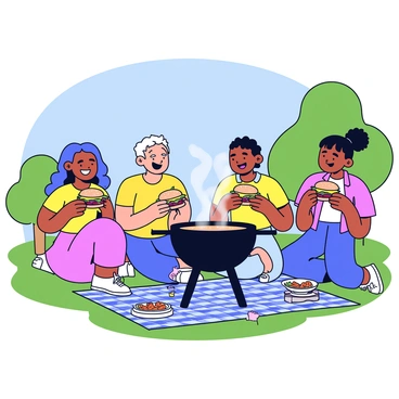 A group of four friends gathers around a charcoal grill, smiling and laughing. They are holding juicy cheeseburgers, with melted cheese and colorful toppings visible. The grill has smoke rising from it, and there are various cooking utensils nearby. The friends are dressed in casual summer clothing, and the background features green grass and a few trees under a clear blue sky. A checkered picnic blanket is spread out on the ground, with some side dishes and drinks placed on it.