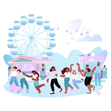 A night fair scene filled with glowing lights strung above colorful attractions. A ferris wheel stands tall, adorned with bright lights that illuminate the surrounding area. Below, various rides twist and turn, inviting visitors to join in the fun. Groups of joyful visitors, including families and friends, are walking together, enjoying their time. Some are holding cotton candy, while others are laughing and pointing at the exciting sights around them. Decorative banners and stalls featuring games and treats add to the festive atmosphere.